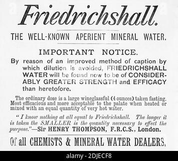 Pubblicità vittoriana del 1886 che promuove un'acqua minerale come opzione di salute. Analisi della qualità dell'acqua e problemi di salute nelle famiglie domestiche dei vecchi tempi Foto Stock