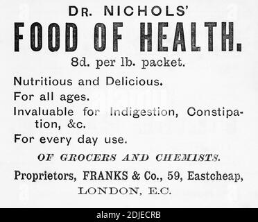 Vecchio spot di cibo stampato vittoriano dal 1886, nei giorni precedenti gli standard pubblicitari. Pubblicità di vecchi alimenti, storia di pubblicità. Foto Stock