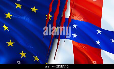 Bandiere dell'Unione europea e delle Antille olandesi con concetto di cicatrice. Flag di ondulazione, rendering 3D. Concetto di conflitto tra l'Unione europea e le Antille olandesi. E Foto Stock