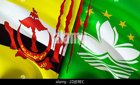 Bandiere di Brunei e Macao con concetto di cicatrice. Flag di ondulazione, rendering 3D. Brunei e Macao concetto di conflitto. Brunei Macao relazioni concetto. Bandiera di Brunei Foto Stock