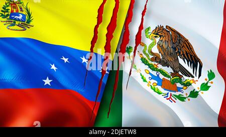 Bandiere del Venezuela e del Messico con il concetto di cicatrice. Flag di ondulazione, rendering 3D. Venezuela e Messico concetto di conflitto. Venezuela Messico relazioni concetto. fla Foto Stock