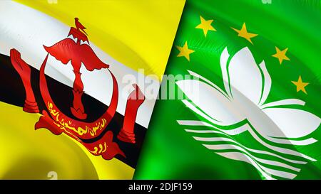 Bandiere di Brunei e Macao. Progettazione di bandiere ondulate 3D. Brunei Macao bandiera, foto, sfondo. Immagine Brunei vs Macau,rendering 3D. Brunei Macao relazioni allia Foto Stock