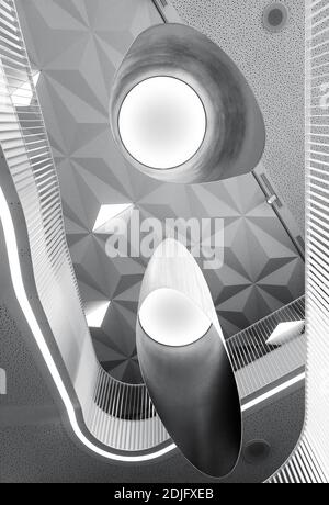 Abstract linee geometriche e forme di moderna costruzione interna, basso angolo bianco e nero futuristico foto interni Foto Stock