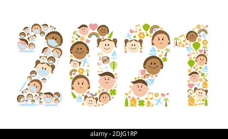 Felice anno nuovo 2021. Illustrazione che rappresenta in diverse fasi la speranza di un nuovo anno migliore. Foto Stock