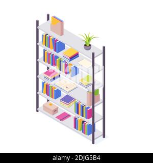 Libri su scaffale in illustrazione vettoriale isometrica. Illustrazione Vettoriale