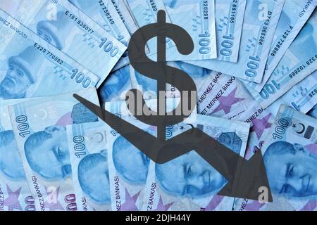100 turkish lira banknote obverse decline graph indicating exchange rate with copyspace, A money bill looking like a declining graph with an downward Stock Photo
