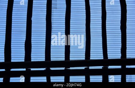 Traliccio di travi in legno sul tetto con rete metallica. Cielo blu. Foto Stock