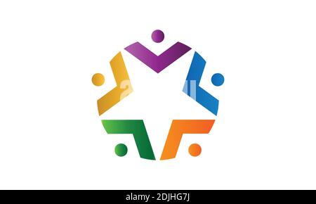 Modello vettoriale di progettazione del logo Social STAR. Cinque uomini che tengono le mani Teamwork. Logotipo di lavoro del team di amicizia. Logo della squadra cinque persone. Illustrazione Vettoriale