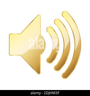 Icona del volume. Icona del volume in oro su sfondo bianco. Illustrazione vettoriale. Simbolo dorato del volume del suono Illustrazione Vettoriale
