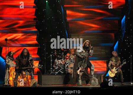 I vincitori di Eurovisione Finlandia hanno fatto parte di Lordi al Concorso Eurovisione Song 2006 ad Atene, Grecia, 5/19/06 Foto Stock