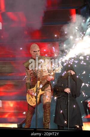 I vincitori di Eurovisione Finlandia hanno fatto parte di Lordi al Concorso Eurovisione Song 2006 ad Atene, Grecia, 5/19/06 Foto Stock