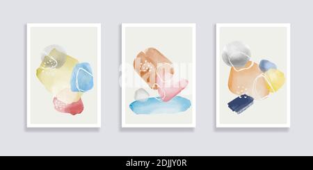 Set trendy di illustrazioni astratte ad acquerello minimaliste dipinte a mano. Composizioni astratte doodles varie forme. Ideale per la decorazione di parete di disegno Illustrazione Vettoriale