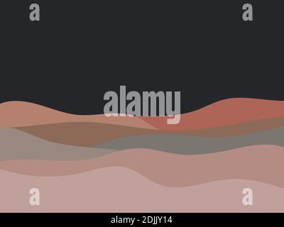 Paesaggio ondulato in stile minimalista. Paesaggio notturno con colline. Decorazioni boho per stampe, poster e interni di design. Arredamento moderno di metà secolo. TREN Illustrazione Vettoriale