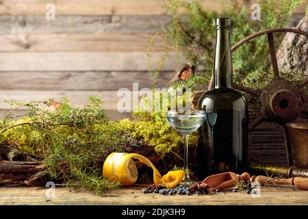 Gin in un piccolo bicchiere e un'antica bottiglia di vetro scuro. Anice, coriandolo e bacche di ginepro sono sparsi su un tavolo di legno. Nel reggiseno di sfondo Foto Stock