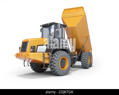 Dumper con scarico del rimorchio, rendering 3d su sfondo bianco con ombra Foto Stock