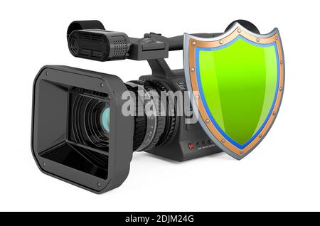 Videocamera professionale con schermatura, rendering 3D isolato su sfondo bianco Foto Stock