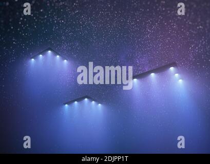 Oggetto volante non identificato di notte con nebbia e luce sotto. UFO triangolare, illustrazione 3D. Foto Stock