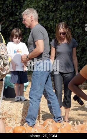 Calista Flockhart e Harrison Ford prendono Little Liam in una caccia alla zucca a West Hollywood, California. 10/29/06 Foto Stock