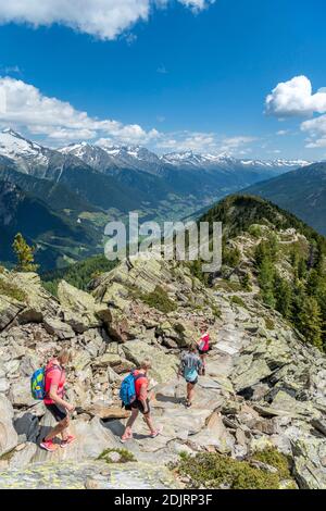 Sabbia a Taufers, Provincia di Bolzano, Alto Adige, Italia. Escursionisti sul sentiero panoramico nella zona escursionistica di Speikboden, sullo sfondo l'Ahrntal con le Alpi Zillertal Foto Stock