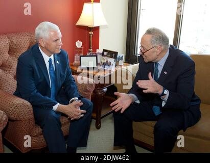 United States Vice President-elect Mike Pence meets incoming US Senate Minority Leader Chuck Schumer (Democrat of New York) in his Capitol Hill office in Washington, DC, USA, on Thursday, November 17, 2016. Photo by Ron Sachs/CNP/ABACAPRESS.COM Stock Photo