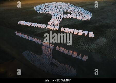 Brussels, Belgium. 14th Dec, 2020. An installation calling for the protection of forests is seen outside the European Commission headquarters in Brussels, Belgium, on Dec. 14, 2020. Credit: Zheng Huansong/Xinhua/Alamy Live News Stock Photo