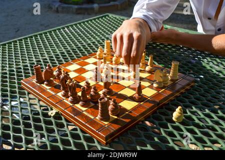 Un primo piano di un uomo che gioca a scacchi, muovendo la pedina sulla scacchiera nel giardino, la natura Foto Stock