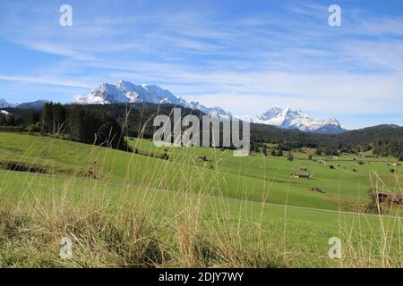Germany, Bavaria, Upper Bavaria, Werdenfelser Land, Alpenwelt Karwendel, humpback meadows, Wetterstein massif, Zugspitze, Alpspitze Stock Photo