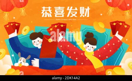 Persone con buste rosse felicemente durante il nuovo anno lunare, cinese traduzione di testo: Si può essere felice e prospero Illustrazione Vettoriale