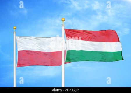 Polonia e Ungheria due bandiere su paletti e blu nuvoloso cielo Foto Stock
