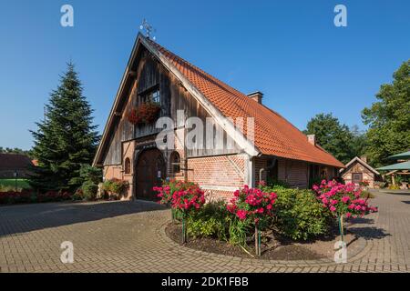 Germania, Borken, Borken-Marbeck, Parco Naturale Hohe Mark Westmuensterland, Muensterland, Westfalia, Renania Settentrionale-Vestfalia, Heimathaus Marbeck, museo per le attrezzature agricole, ex fienile, decorazioni floreali Foto Stock