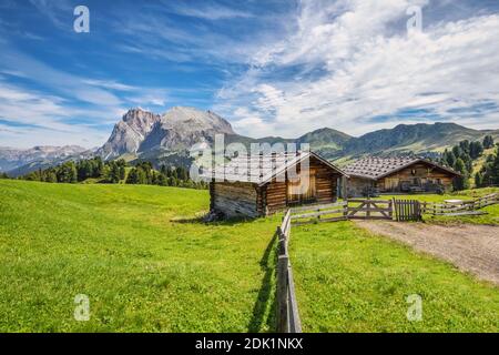 Tradizionali rifugi nei pascoli dell'alpe di siusi, con il Sassopiatto / Plattkofel sullo sfondo, provincia di bolzano, Alto Adige / Südtirol, Italia, Europa Foto Stock