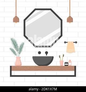Interni moderni del bagno in stile scandinavo. Accogliente camera bianca contemporanea con specchio e lavandino nero su una mensola di legno. Illustrazione Vettoriale