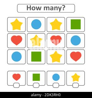 Gioco per bambini in età prescolare. Contare tutte le forme geometriche nell'immagine e annotare il risultato. Con un posto per le risposte. Semplice piatto isolato v Illustrazione Vettoriale