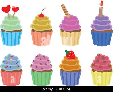 Set di otto colorate cupcakes vettore icone isolato su bianco sfondo Illustrazione Vettoriale