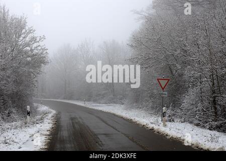 Un pericoloso tratto di strada su una mattina invernale nebbiosa Foto Stock