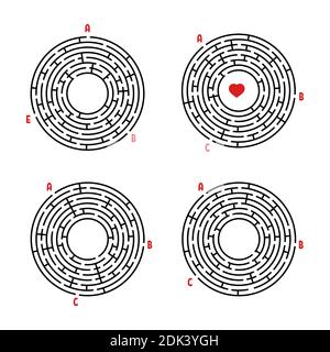 Una serie di labirinti rotondi. Gioco per bambini. Puzzle per bambini. Labirinto enigma. Immagine vettoriale piatta isolata su sfondo bianco. Illustrazione Vettoriale