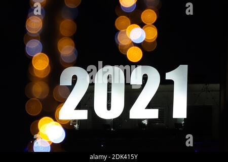 Brussels, Belgium. 14th Dec, 2020. A sign of 2021 is illuminated on a building in Brussels, Belgium, Dec. 14, 2020. Credit: Zheng Huansong/Xinhua/Alamy Live News Stock Photo