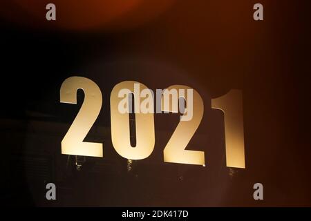 Brussels, Belgium. 14th Dec, 2020. A sign of 2021 is illuminated on a building in Brussels, Belgium, Dec. 14, 2020. Credit: Zheng Huansong/Xinhua/Alamy Live News Stock Photo