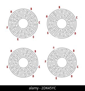 Una serie di labirinti rotondi. Gioco per bambini. Puzzle per bambini. Labirinto enigma. Immagine vettoriale piatta isolata su sfondo bianco. Illustrazione Vettoriale