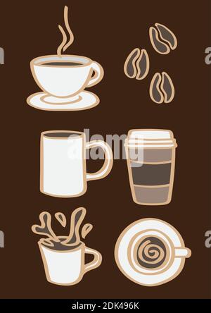 Illustrazione vettoriale di chicchi di caffè e bevande in tazze e tazze diverse isolate su sfondo marrone. Illustrazione Vettoriale