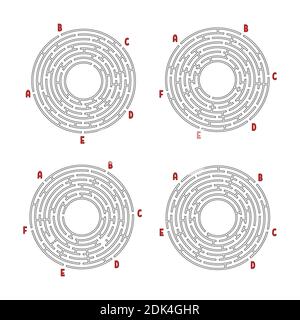 Una serie di labirinti rotondi. Gioco per bambini. Puzzle per bambini. Labirinto enigma. Immagine vettoriale piatta isolata su sfondo bianco. Illustrazione Vettoriale
