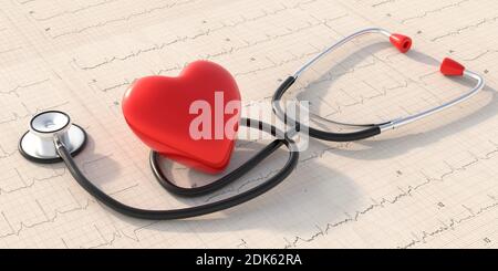 Controllo medico, diagnosi di malattie cardiache. Stetoscopio su un cardiogramma, vista closeup. illustrazione 3d Foto Stock