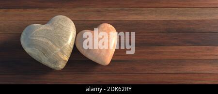 Two stone pebbles heart shape on wooden background. Valentines day card template. Love, passion, health concept. 3d illustration Foto Stock