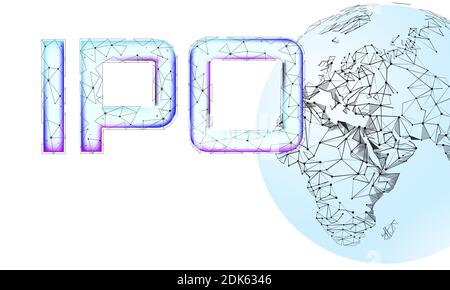 Moneta iniziale che offre il concetto di tecnologia internazionale IPO. Business Finance pianeta Terra globale. Mercato azionario lancio di azioni bancarie di offerta pubblica Illustrazione Vettoriale