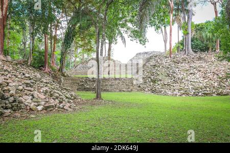 DISTRETTO DI TOLEDO, BELIZE - 10 giugno 2019: Gli alberi crescono dalle rovine del sito archeologico Maya di Lubaantun, dove sono stati scoperti edifici storici Foto Stock