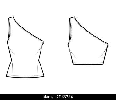 Set di canotte a una spalla illustrazione tecnica di moda con corpo oversize e montato, tunic e orlo vita lunghezza. Mascherina anteriore dell'abbigliamento della camicia piatta, colore bianco. Donne, uomini unisex CAD mockup Illustrazione Vettoriale