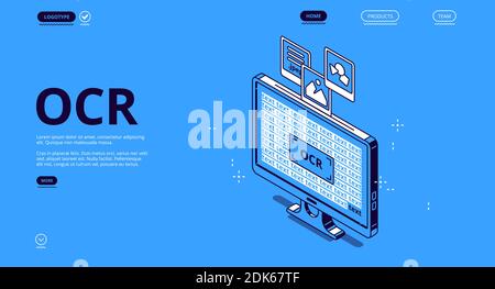 Riconoscimento ottico dei caratteri, landing page isometrica ocr. Conversione elettronica script manoscritti o dati di immagine in testo codificato a macchina, concetto di tecnologie informatiche, banner web vettoriale 3D line art Illustrazione Vettoriale