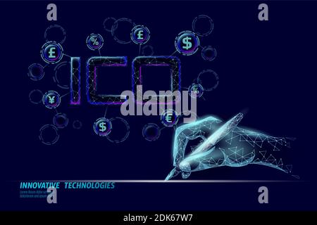 Moneta iniziale che offre il concetto di tecnologia delle lettere ICO. Business Finance economy basso design stile poly. Crypto banking valuta offerta online. Internet Illustrazione Vettoriale