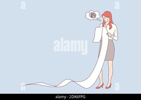 Pagamenti, fatture e costi enormi, frustrazione sul concetto di lavoro. Triste giovane donna di affari che tiene grande lista di compito, documento cartaceo, bolletta di acquisto, fattura di imposta Illustrazione Vettoriale