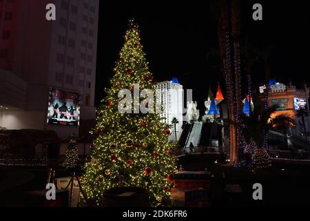 A Christmas tree and holiday decorations at the Tropicana Hotel, Sunday, Dec. 13, 2020, in Las Vegas. Stock Photo